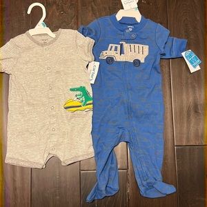 NWT Carters Baby Boy Bundle! Features Striped Romper and cute sleep and play pjs